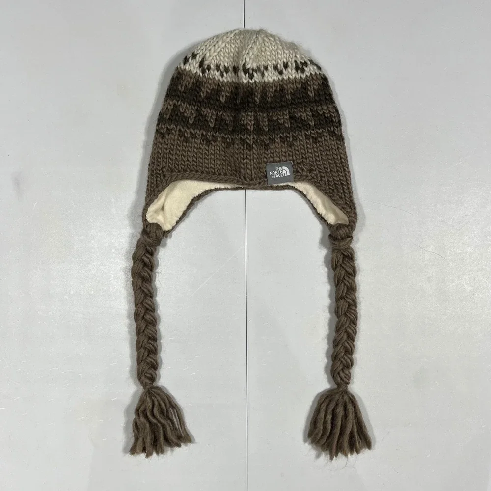 North Face Gorpcore Brown Wool Fair Isle Knit Trapper Beanie Hat Fleece Unisex